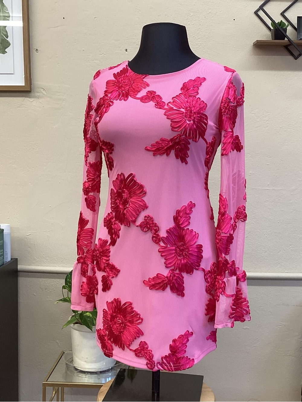 SHEIN Pink Long Sleeve Mini Dress with Fuchsia Floral Appliqué